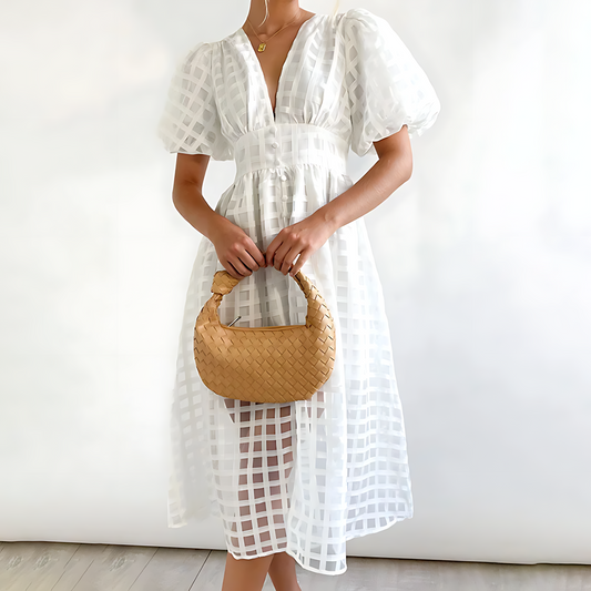 Damen Midikleid mit Puffärmeln und Geometrischem Muster