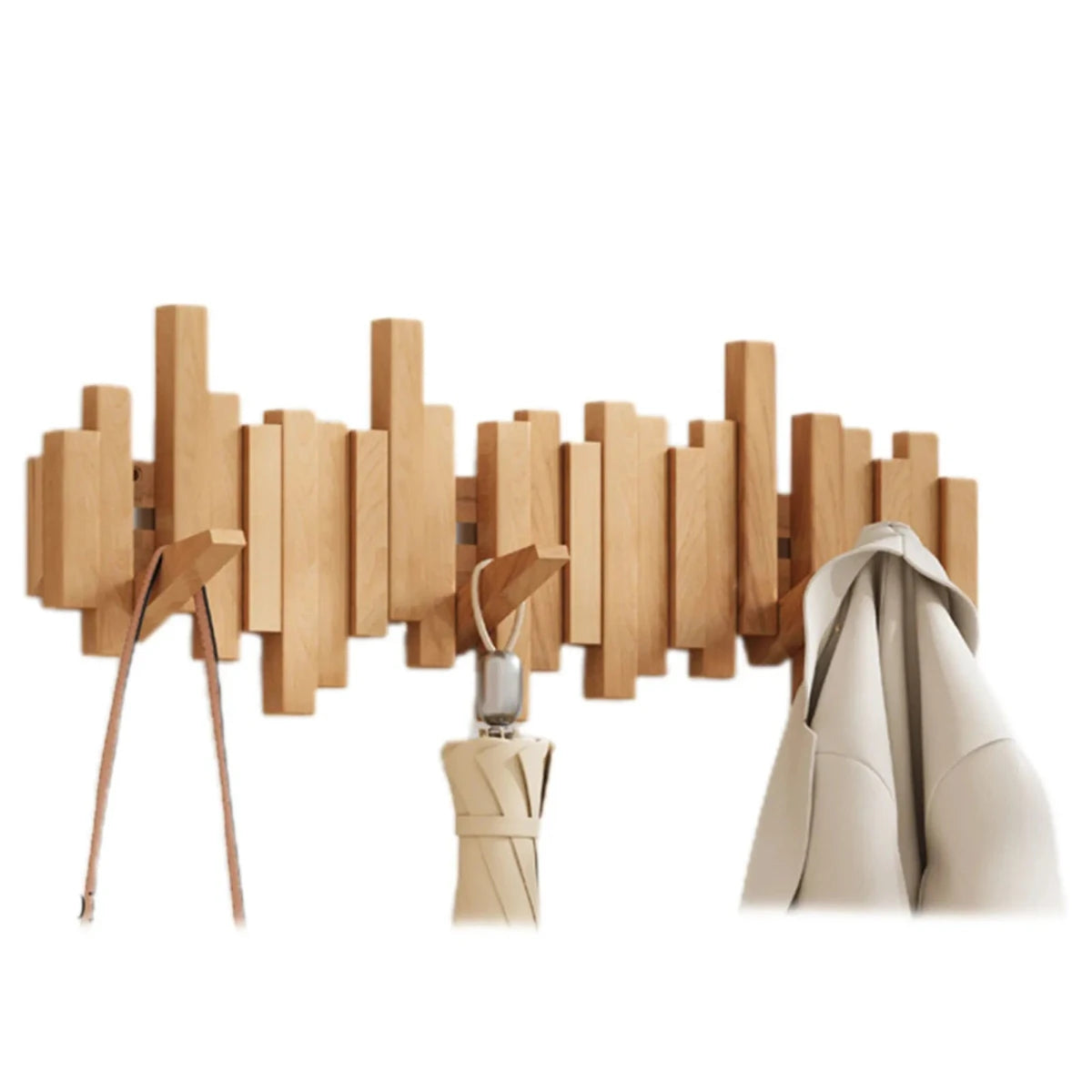 Moderne Holz-Garderobenleiste mit geometrischem Design, ideal für Flur oder Eingangsbereich. Inklusive Haken für Mäntel und Accessoires.