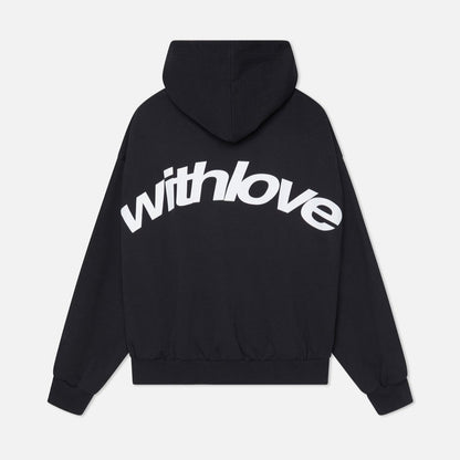 Schwarzer Hoodie mit Kapuze und großem weißen "withlove" Schriftzug auf der Rückseite, modisches Streetwear-Design, Unisex-Pullover.
