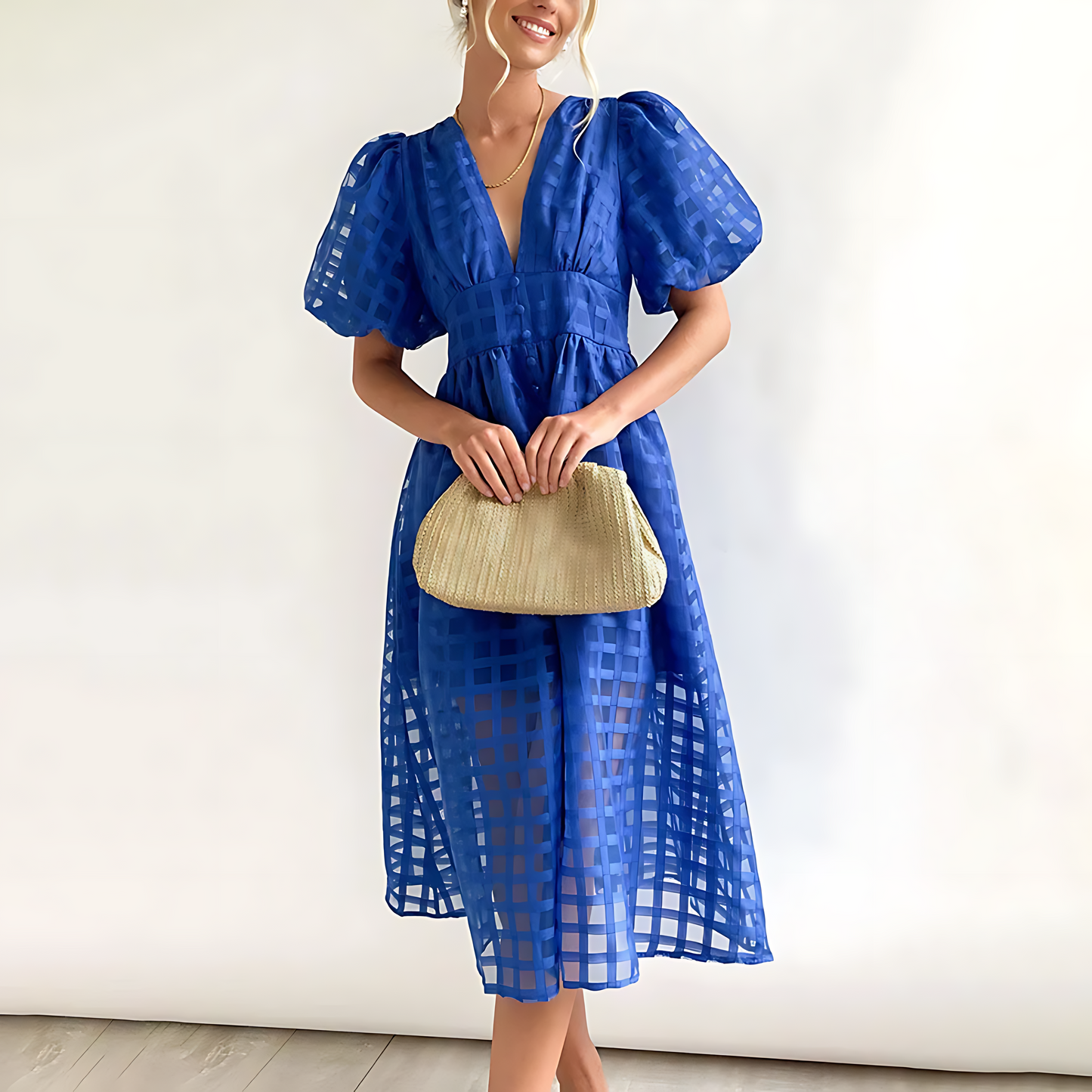 Damen Midikleid mit Puffärmeln und Geometrischem Muster