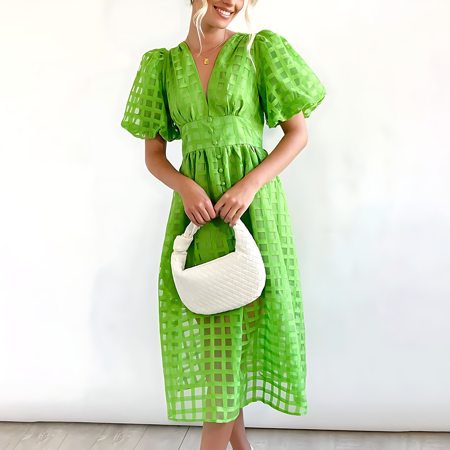 Damen Midikleid mit Puffärmeln und Geometrischem Muster