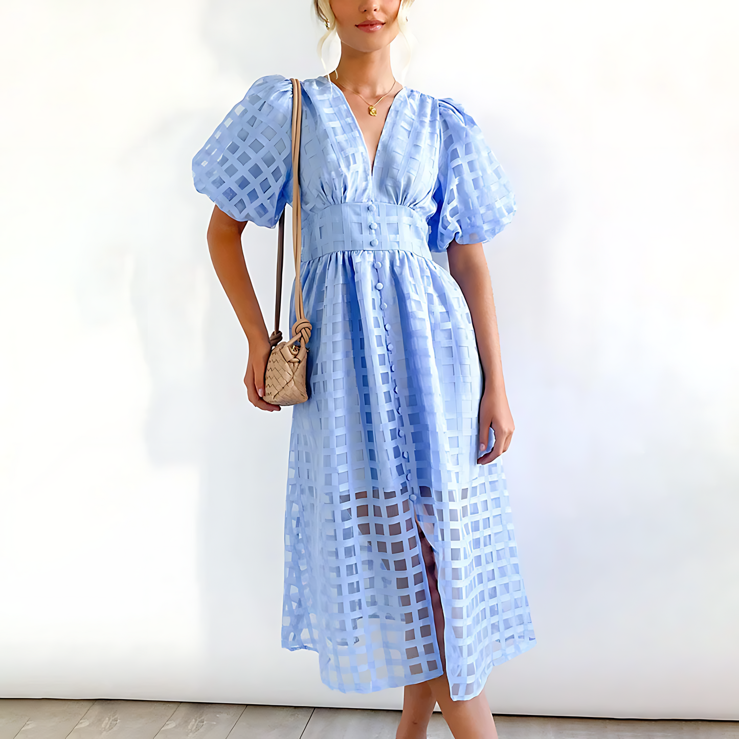 Damen Midikleid mit Puffärmeln und Geometrischem Muster
