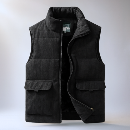 Men's winter vest with ribbed texture, full-length zipper, and side pockets