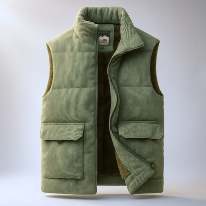 Men's winter vest with ribbed texture, full-length zipper, and side pockets