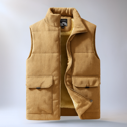 Men's winter vest with ribbed texture, full-length zipper, and side pockets