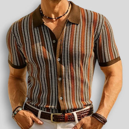 Herren Sommer Strick Poloshirt mit Vertikalstreifen – Knopfkragen Gerade Passform