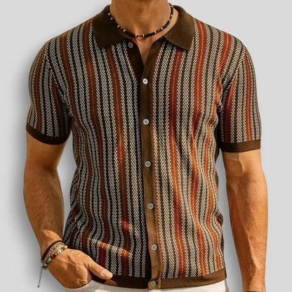 Herren Sommer Strick Poloshirt mit Vertikalstreifen – Knopfkragen Gerade Passform