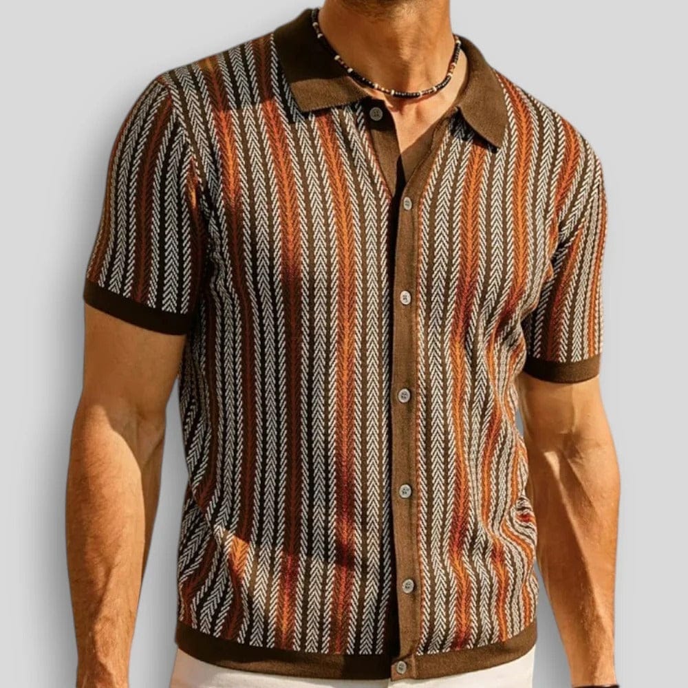 Herren Sommer Strick Poloshirt mit Vertikalstreifen – Knopfkragen Gerade Passform