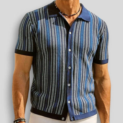 Herren Sommer Strick Poloshirt mit Vertikalstreifen – Knopfkragen Gerade Passform