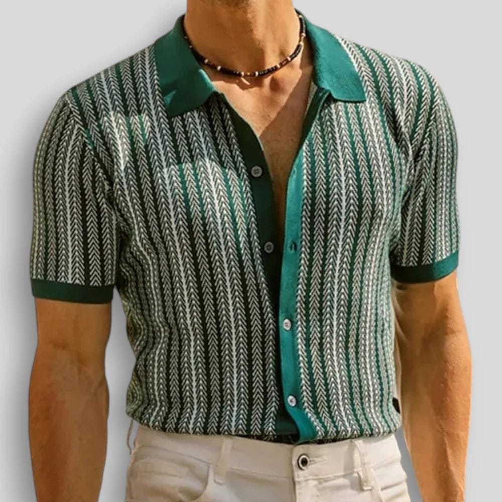 Herren Sommer Strick Poloshirt mit Vertikalstreifen – Knopfkragen Gerade Passform
