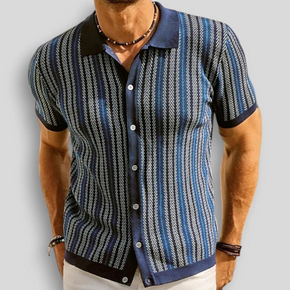 Herren Sommer Strick Poloshirt mit Vertikalstreifen – Knopfkragen Gerade Passform