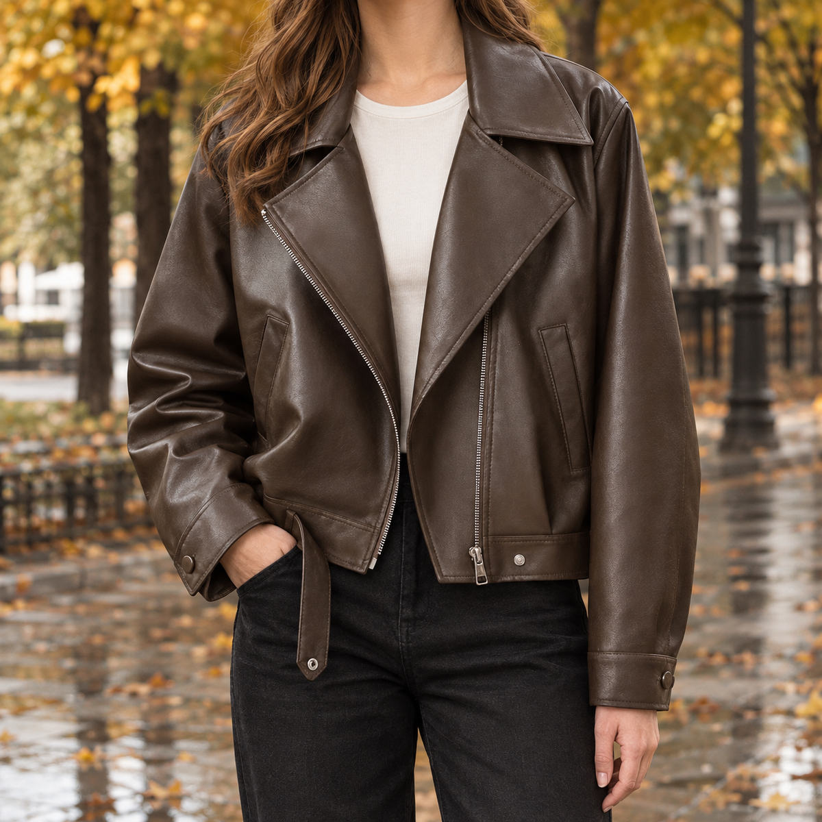 Damen-Cropped-Bikerjacke mit markantem Oversize-Revers von vorne