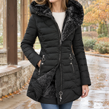 Mittellange Damen-Steppjacke mit Kapuze in Vorderansicht