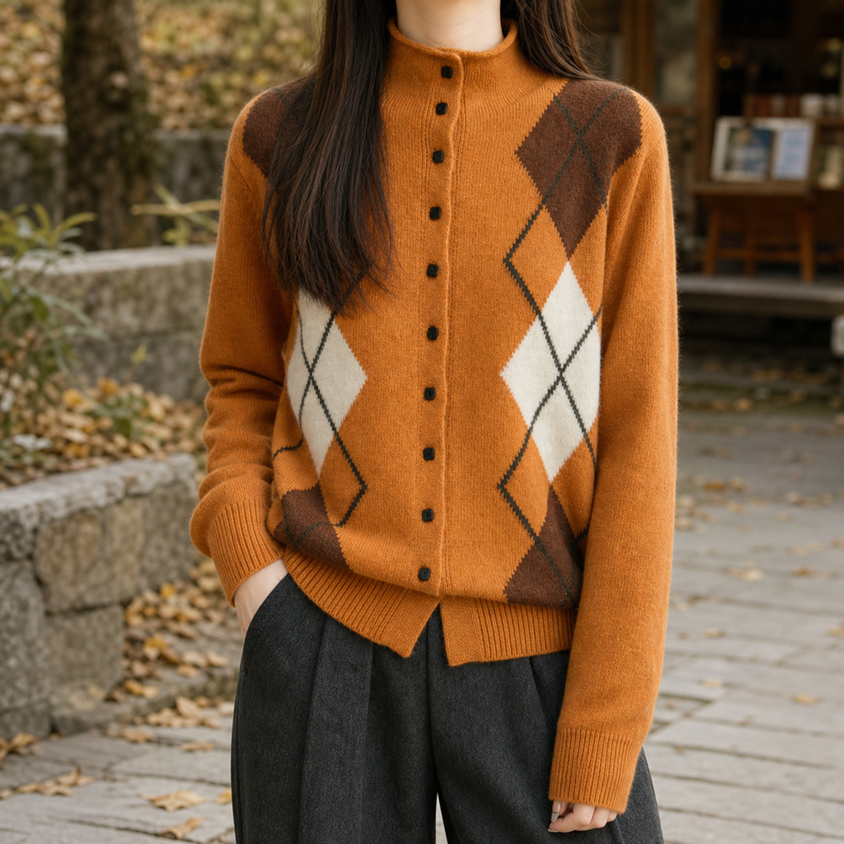 Damen-Cardigan aus Wollmischstrick mit Rautenmuster und Mockkragen