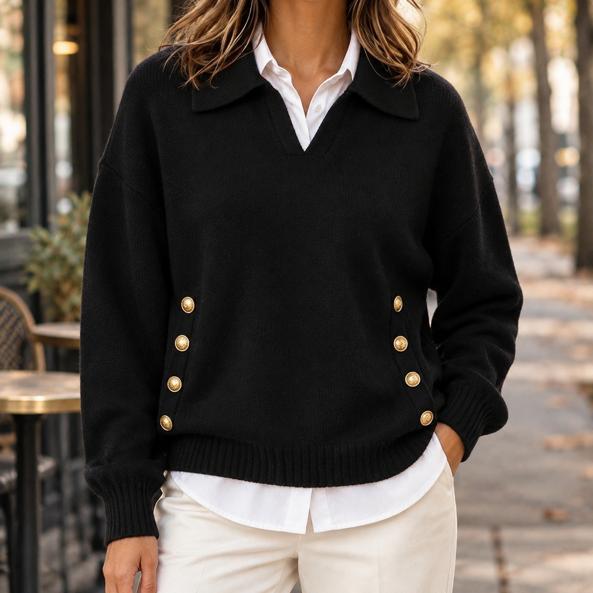 Strukturierter Strickpullover für Damen mit V-Ausschnitt und Kragen