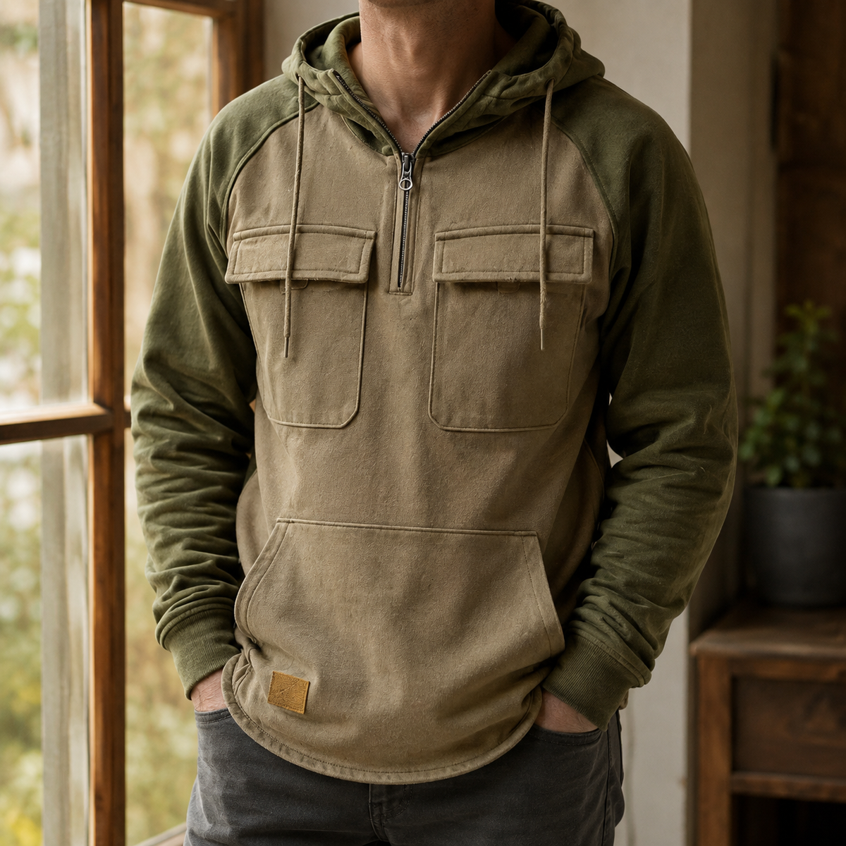 Utility Hoodie in Grau aus Baumwollmix mit Halbzip und Kapuze