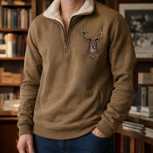 Herren-Strickpullover mit Viertelreissverschluss und Hirschmotiv in der Vorderansicht