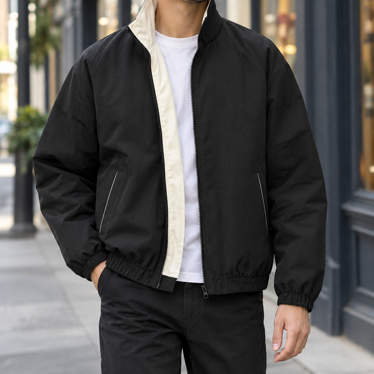 Kontrastjacke für Damen mit lockerer Passform auf einer neutralen Ansicht