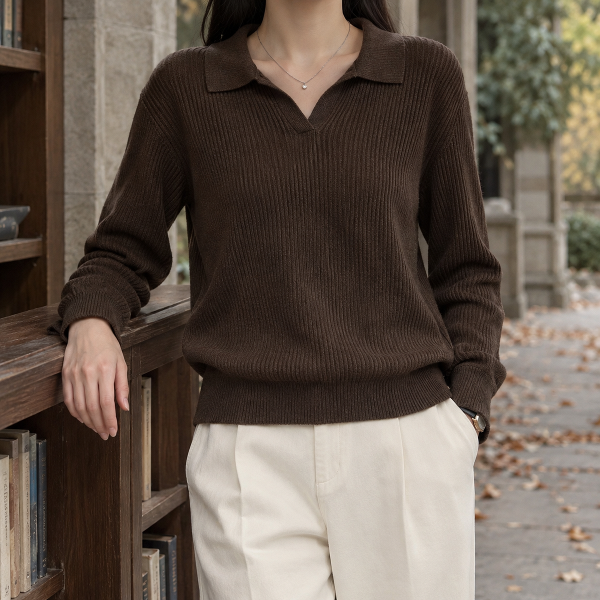 Damen Rippenpullover Mit Polokragen