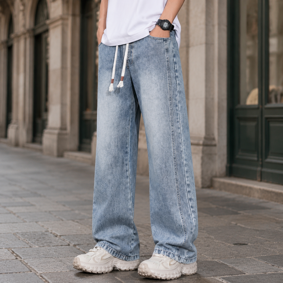 Wide-Leg-Jeans im Relaxed Fit aus Baumwollmix an einem Model von vorne