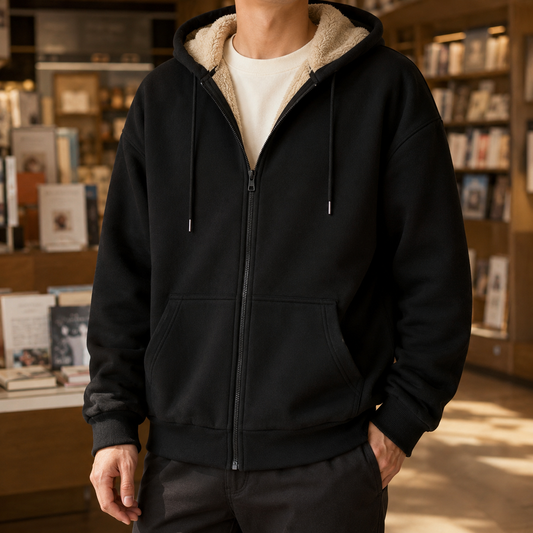 Sherpa-Hoodie mit Reissverschluss und gefütterter Kapuze in Frontalansicht