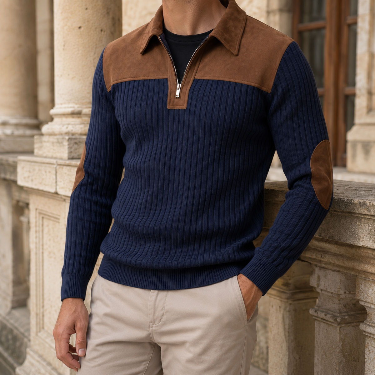 Herren-Strickpullover mit Quarter-Zip und markanter Kontrastpasse