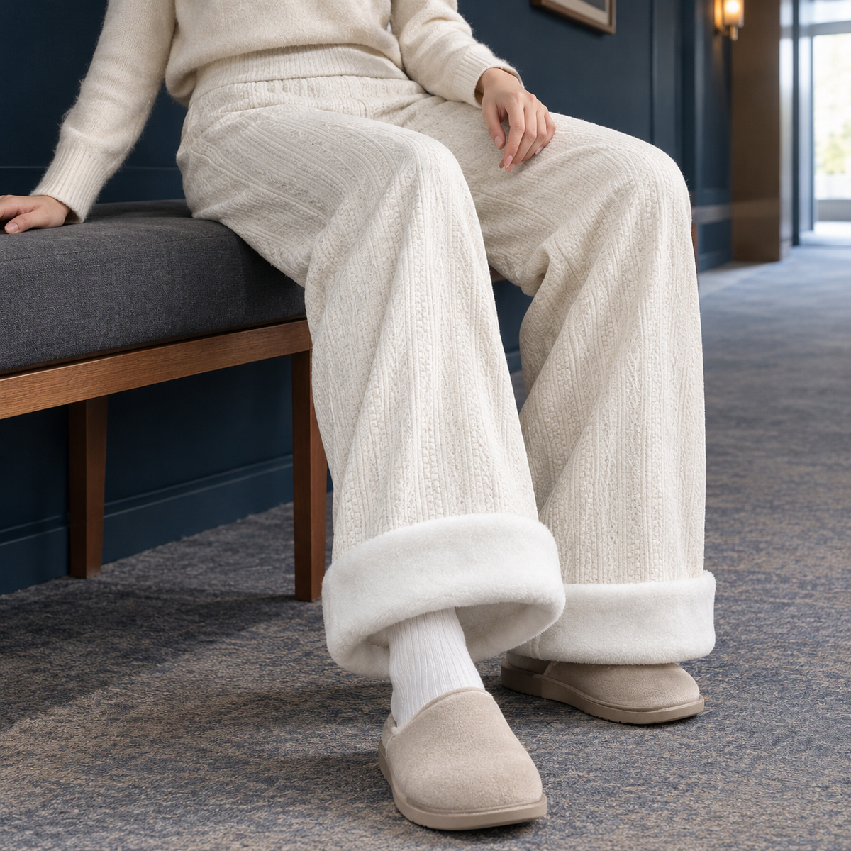 Hose Mit Weitem Bein Und Chenille Struktur