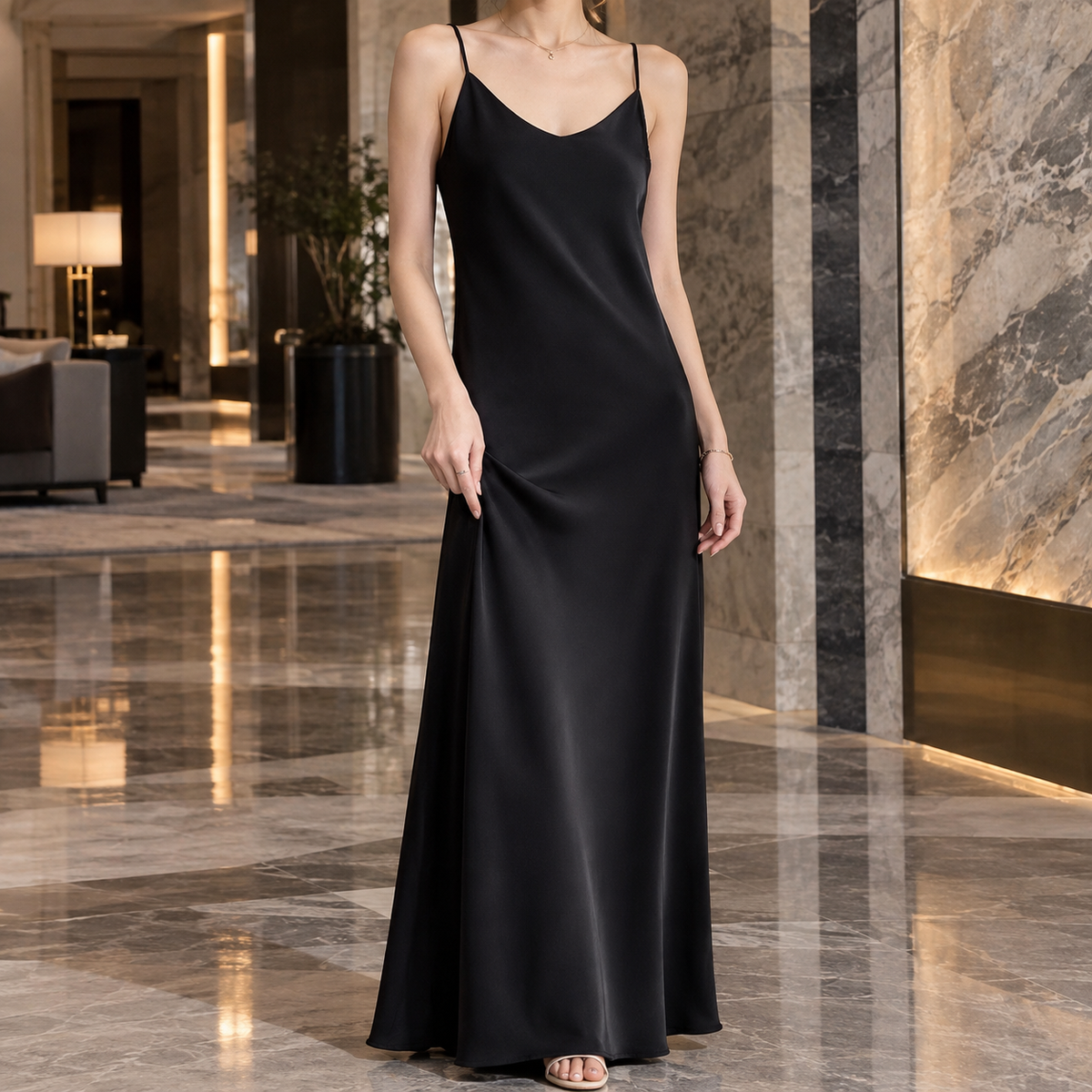 Damen Satin Slipdress Mit V Ausschnitt