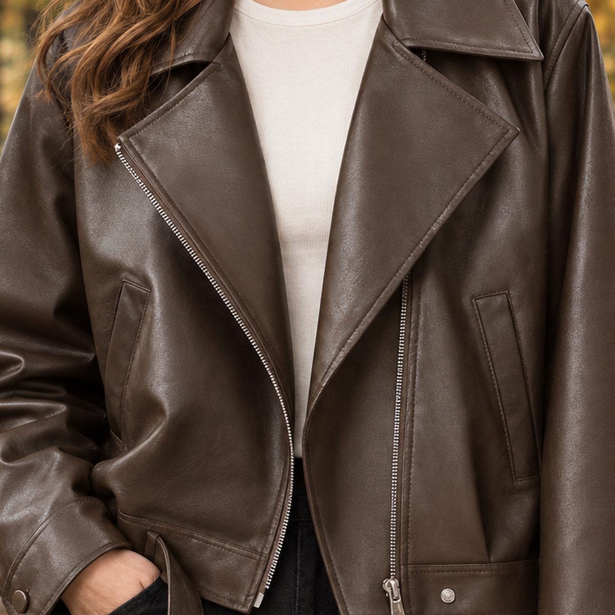 Damen-Bikerjacke im cropped Schnitt mit breitem Reverskragen