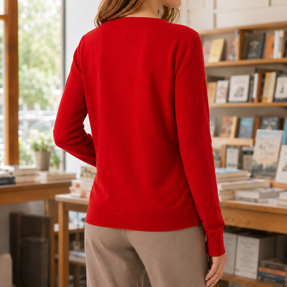 Feinstrickpullover mit V-Ausschnitt an einem Model