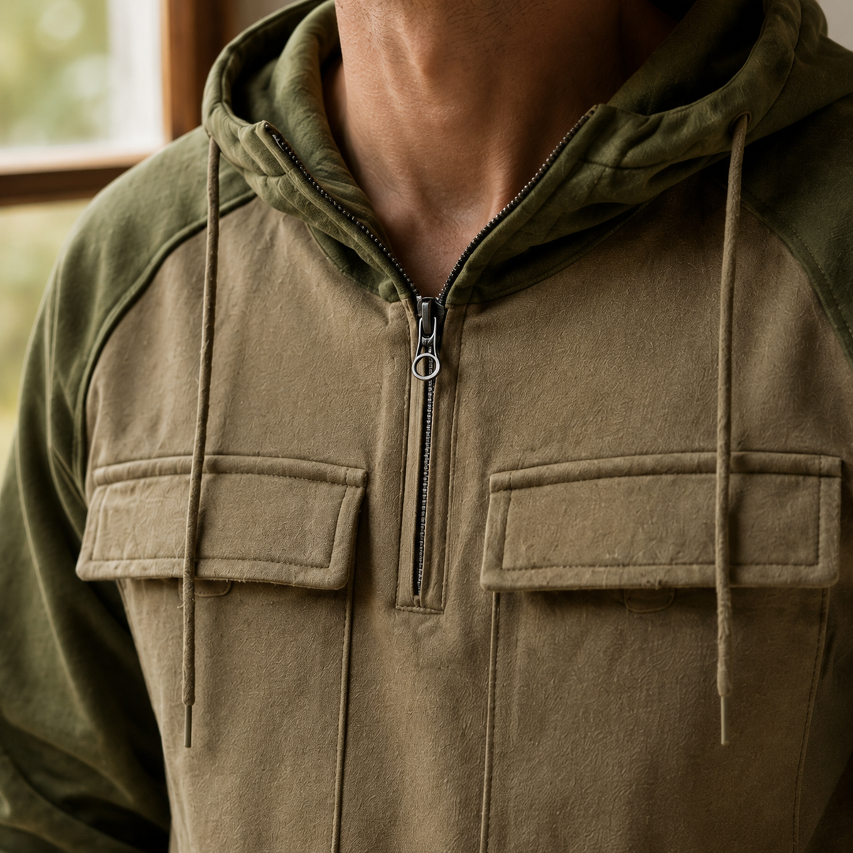 Grauer Utility Hoodie mit Halbzip und langen Ärmeln