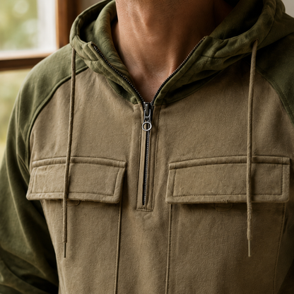 Grauer Utility Hoodie mit Halbzip und langen Ärmeln