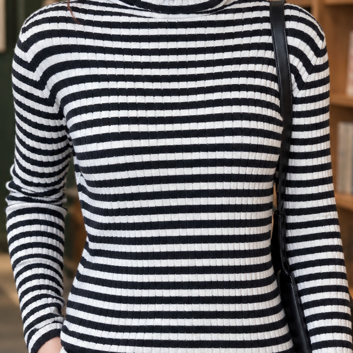 Damenpullover mit hohem Rollkragen und gestreiftem Muster