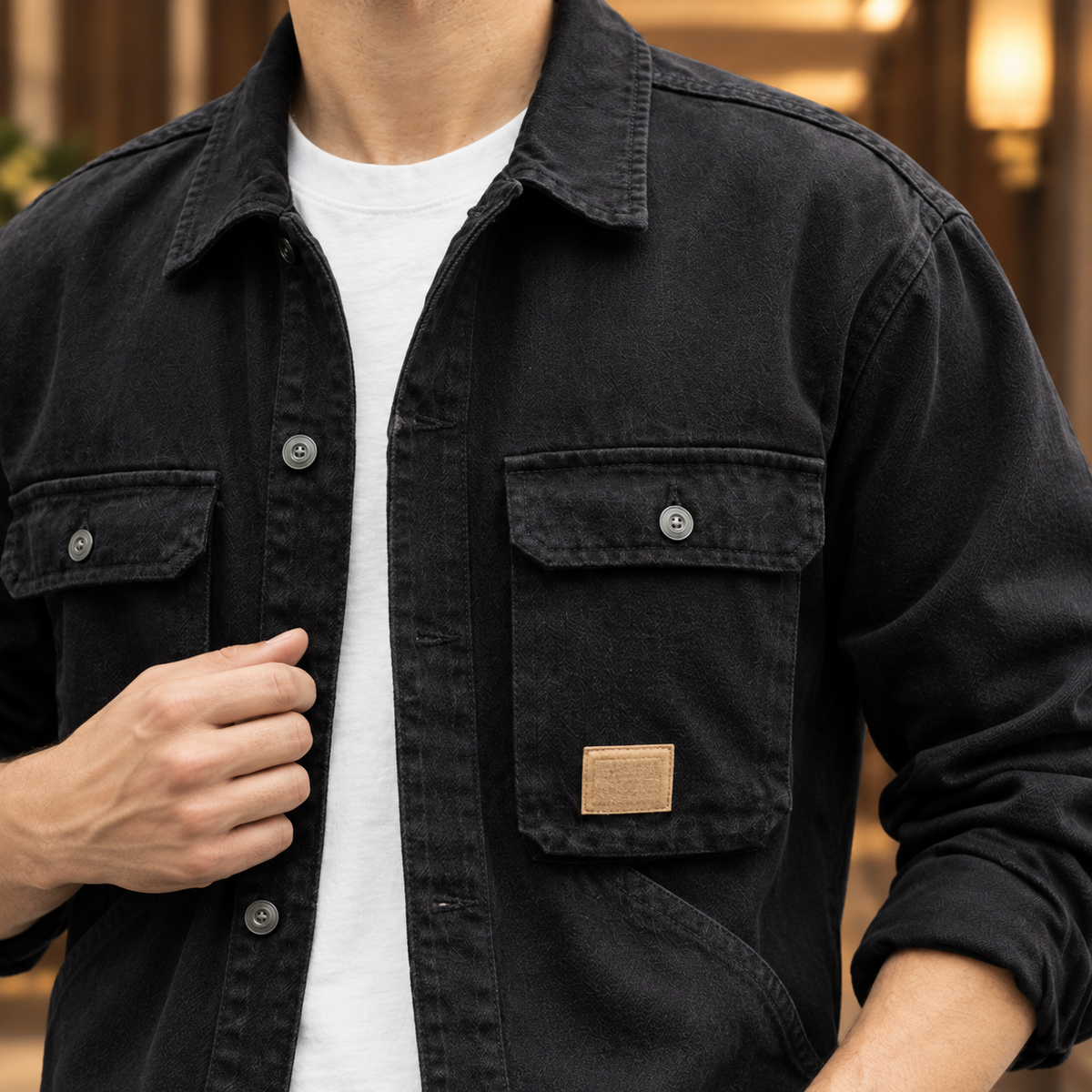 Damen-Utility-Jacke aus Denim mit sichtbarem Kragen und Knopfleiste