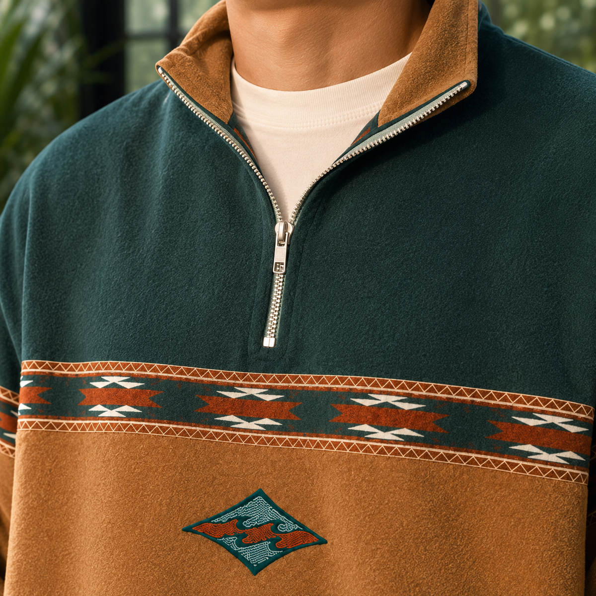 Detailansicht des Viertelreissverschlusses am gestrickten Herrenpullover