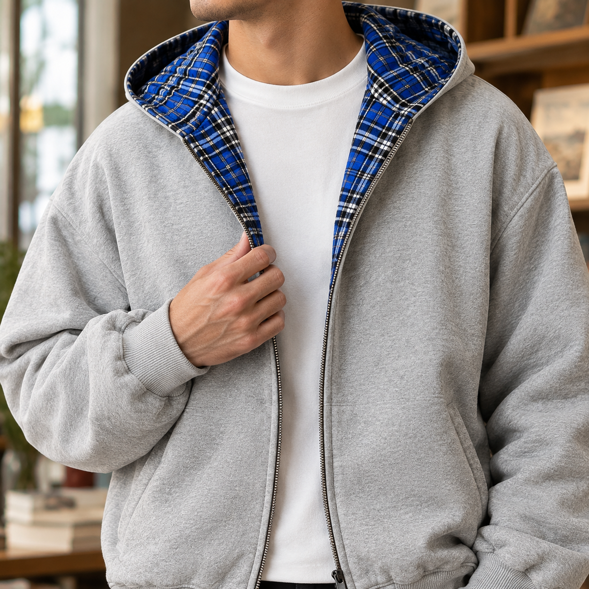 Wendejacke mit Kapuze und Karomuster von der Rückseite