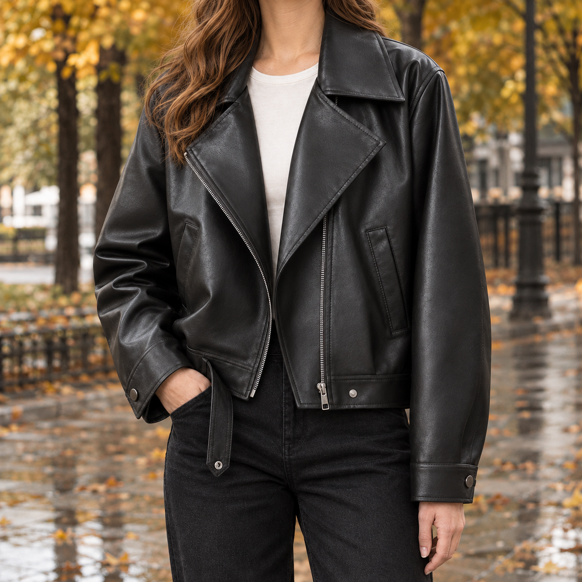 Detailansicht der cropped Damenjacke mit Reissverschluss und Oversize-Revers