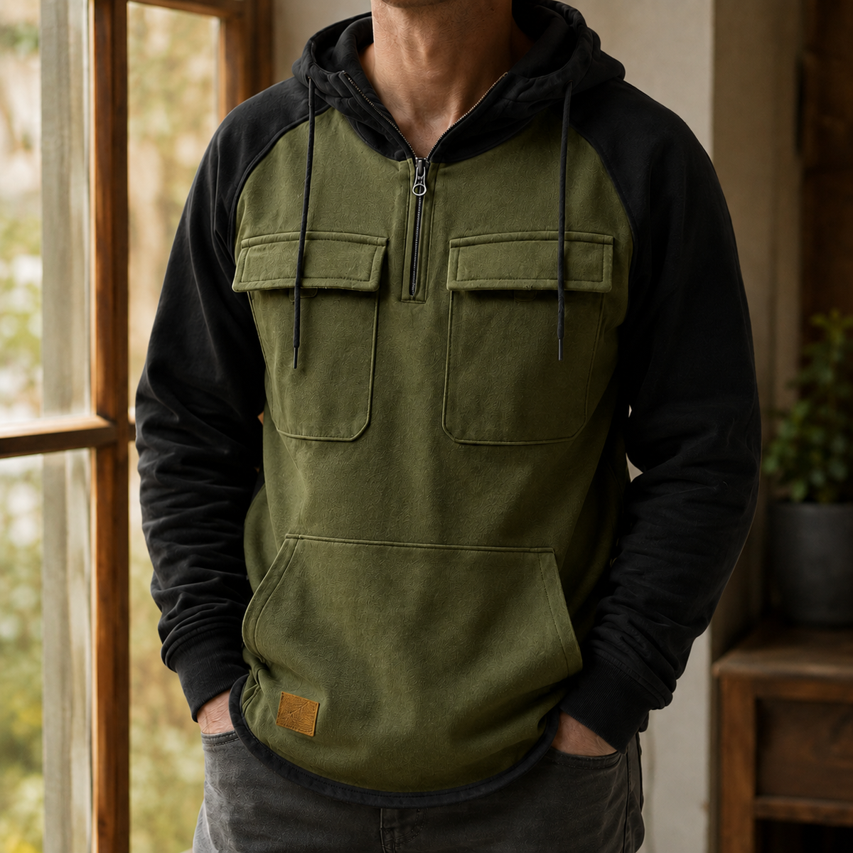 Detailansicht des grauen Halbzip-Hoodies aus Baumwollmix