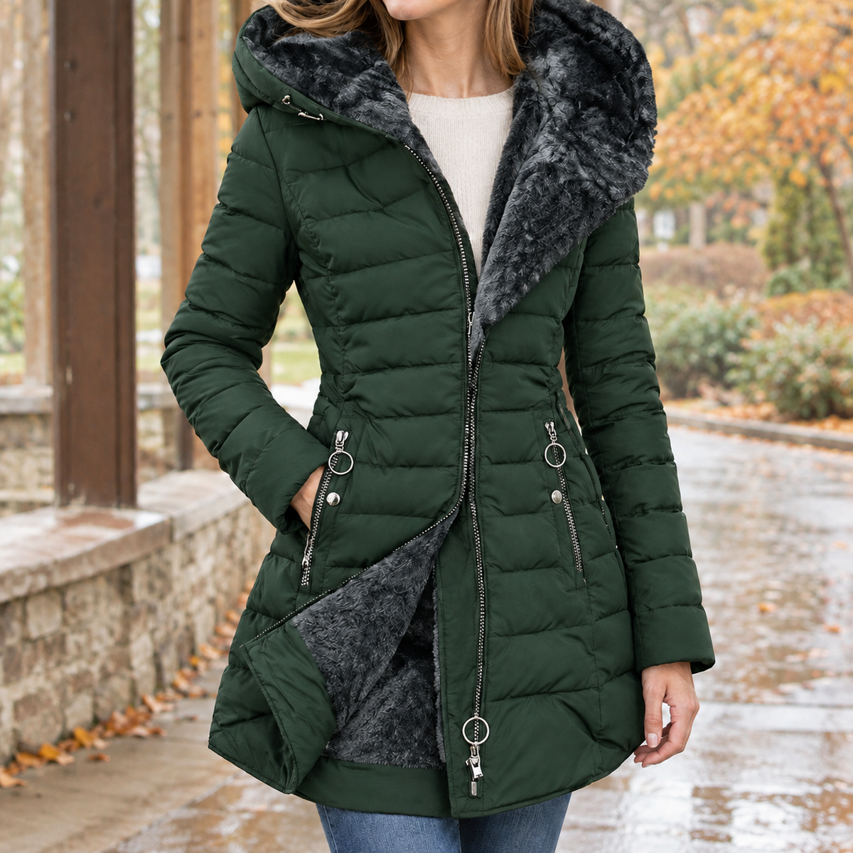 Mittellange Steppjacke für Damen mit geschlossenem Frontreissverschluss