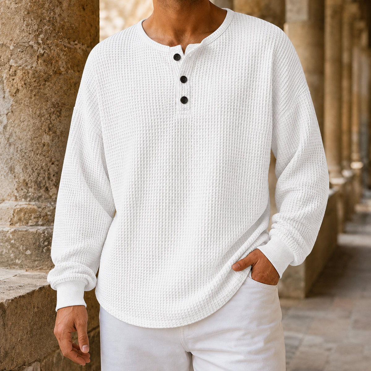 Waffelstrickpullover mit Knopfleiste am Henley-Ausschnitt