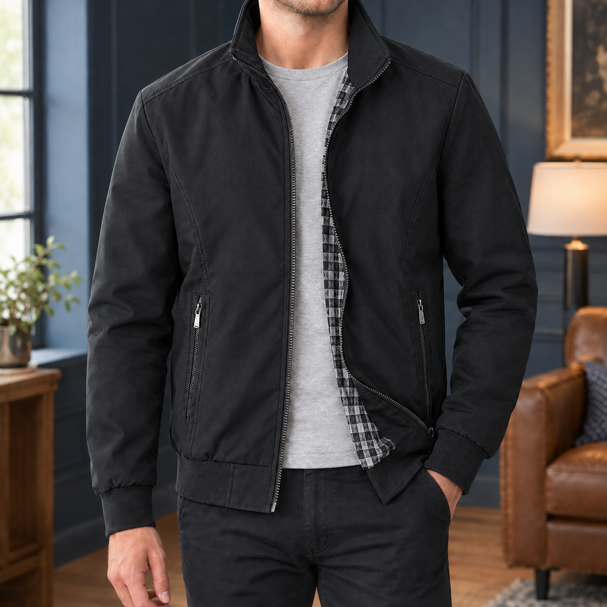 Detailaufnahme des Stehkragens und Reissverschlusses der Jacke