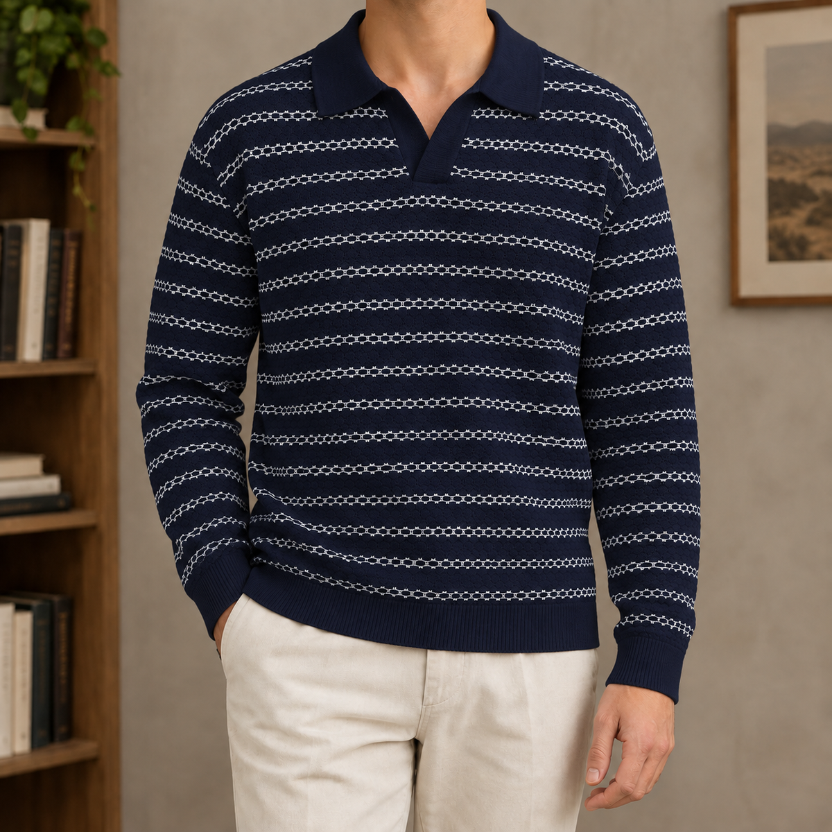 Strickstruktur des Poloshirts aus Leinenmix im Detail