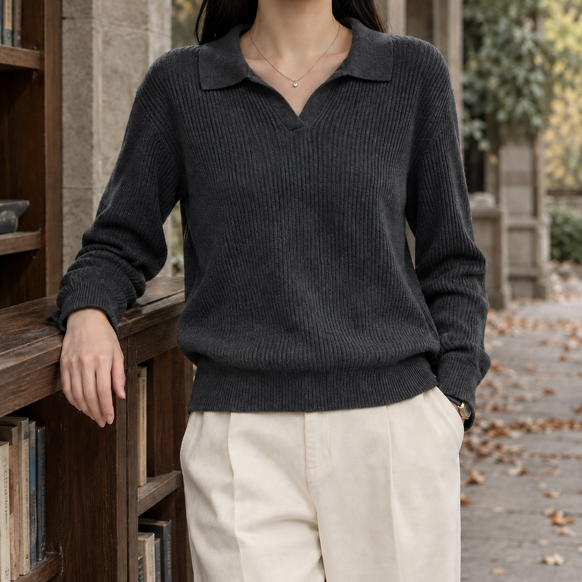 Damen Rippenpullover Mit Polokragen