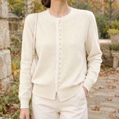Damen Strickjacke Aus Feinstrick Mit Spitzenbesatz