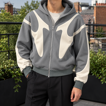 Rückansicht des Herren-Hoodies mit Kapuze und Kontrastdesign