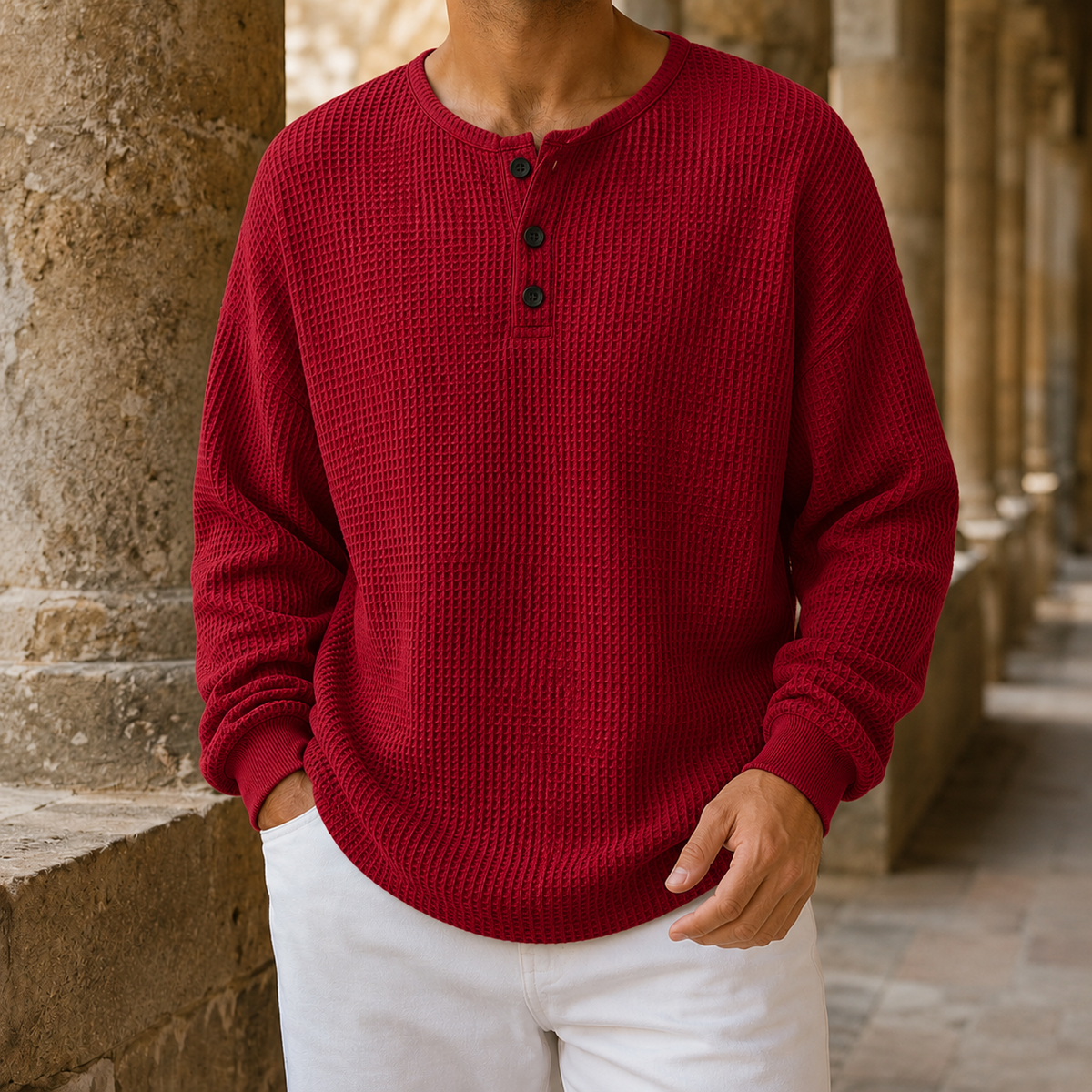 Waffelstrickpullover Mit Henley Ausschnitt
