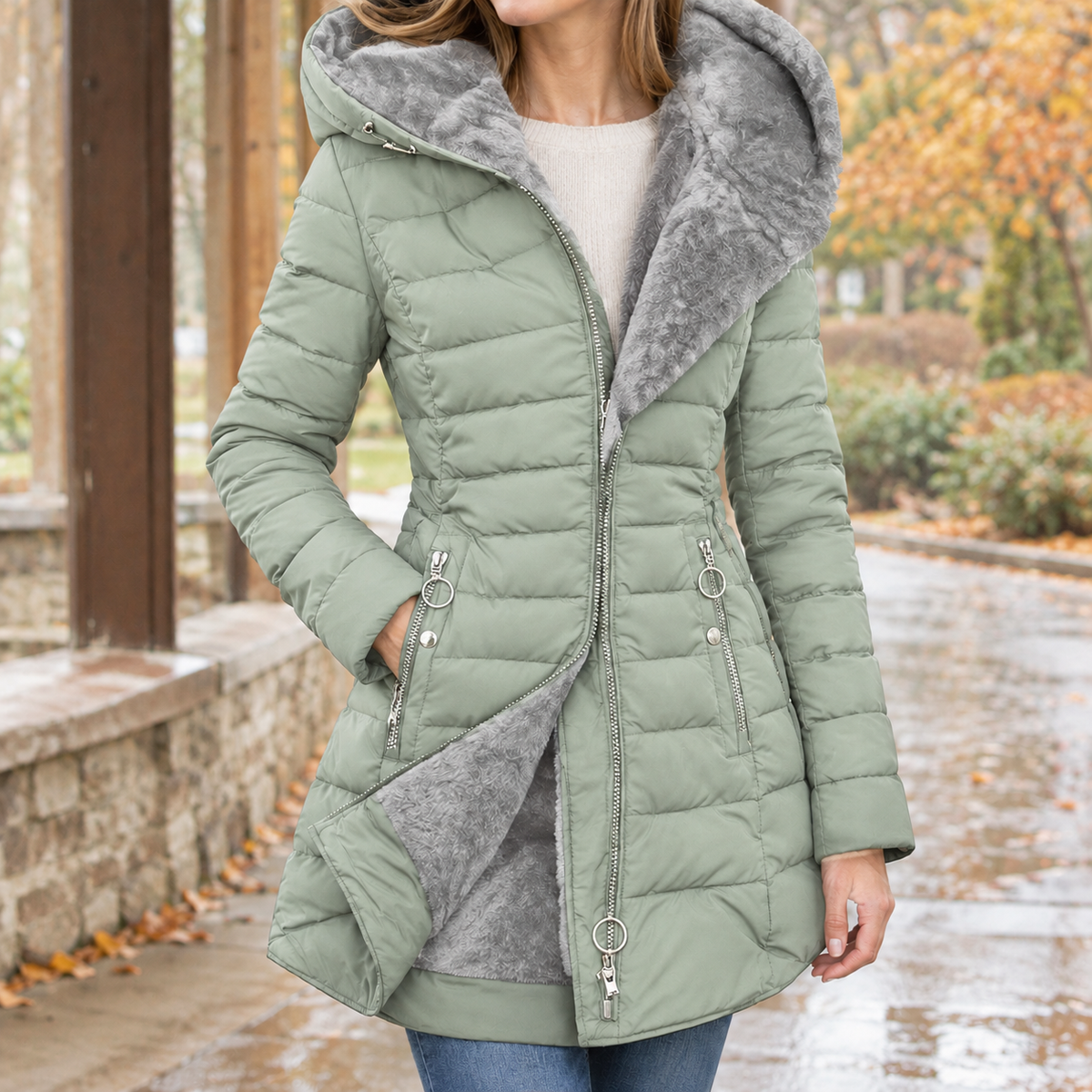 Damen Steppjacke Mit Kapuze Mittellang