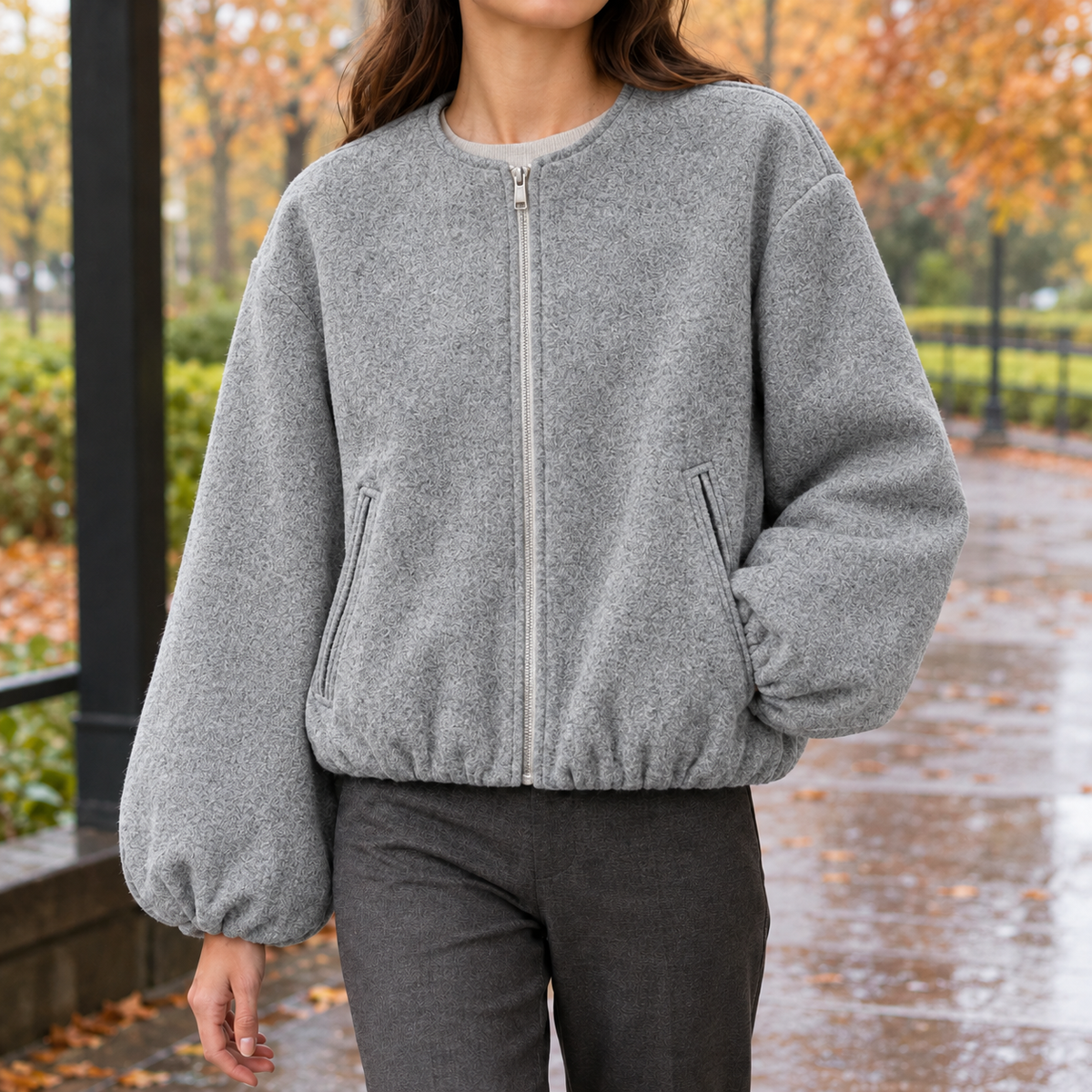 Kurzjacke Mit Ballonärmeln Und Reissverschluss