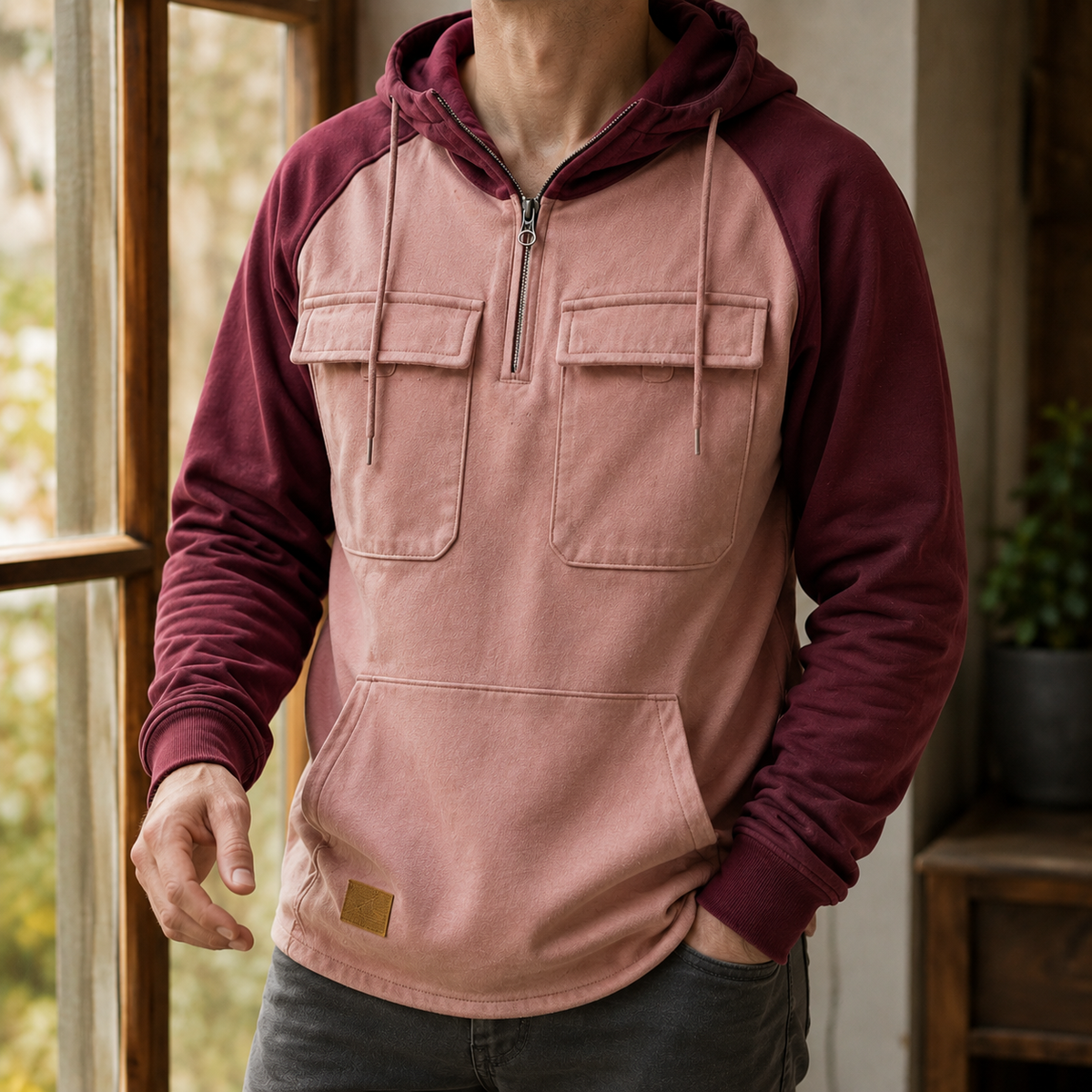 Utility Hoodie Aus Baumwollmix Mit Halbzip Grau