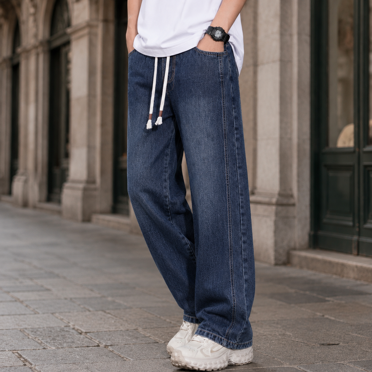 Detailansicht des Baumwollmix-Stoffs der Wide-Leg-Jeans